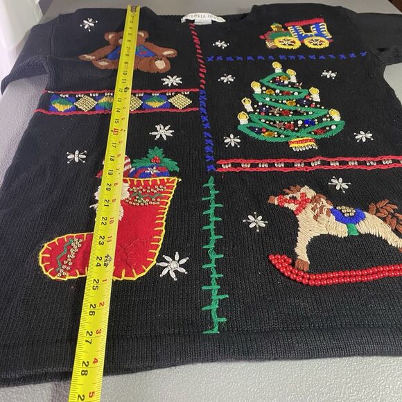 Vtg VICTORIA JONES Tunic Sweater Beaded Ugly Christmas Holiday Womens M Black - Picture 6 of 12